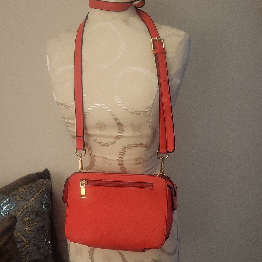Source Unknown Coral-Red Crossbody Bag with Gold Hardware